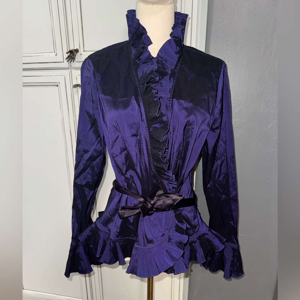 Adrianna Papell Ruffled Blue purple Jacket Size L Trumpet Sleeve Gothic blouse